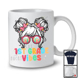 1st Grade Vibes, Adorable Back To School Messy Bun Hair Girl Sunglasses, Students Group T-Shirt