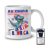 America Is Rawrica, Cheerful 4th Of July T-Rex Dinosaur Riding Firecracker, American Flag Patriotic T-Shirt