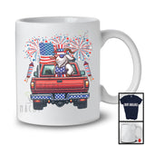 American Flag Goat On Pickup Truck, Cheerful 4th Of July Fireworks, Farm Animal Farmer Patriotic T-Shirt