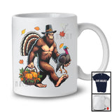 Bigfoot Pilgrim With Turkey Pumpkin In Hands, Humorous Thanksgiving Fall Leaves Bigfoot Lover T-Shirt