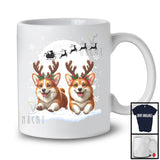 Christmas Two Corgis Reindeer Running; Fantastic X-mas Moon Snowing; Dog Owner Lover T-Shirt