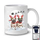 Christmas Two Pugs Reindeer Running; Fantastic X-mas Moon Snowing; Dog Owner Lover T-Shirt