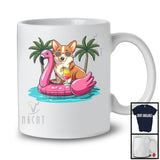 Corgi On Flamingo Float; Joyful Summer Vacation Hawaii; Pool Beach Family Group T-Shirt