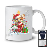 Cute Santa Corgi In Christmas Lights With Elf Cat; Amazing X-mas Animal Lover; Snow T-Shirt