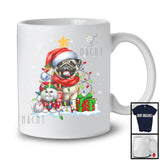 Cute Santa Pug In Christmas Lights With Elf Cat; Amazing X-mas Animal Lover; Snow T-Shirt