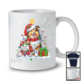 Cute Santa Sheltie In Christmas Lights With Elf Cat; Amazing X-mas Animal Lover; Snow T-Shirt