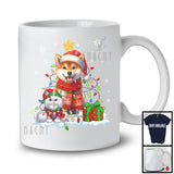 Cute Santa Shiba Inu In Christmas Lights With Elf Cat; Amazing X-mas Animal Lover; Snow T-Shirt