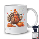 Cute Turkey Drinking Coffee; Adorable Thanksgiving Coffee Lover; Fall Leaves Pumpkins T-Shirt