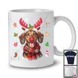 Dachshund Reindeer; Humorous Christmas Plaid Reindeer Face Snow Around; X-mas Family Group T-Shirt