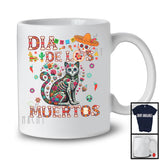 Dia De Los Muertos; Adorable Cat Flowers Sugar Skull Skeleton; Floral Mexican Family Group T-Shirt