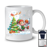 Elf Playing Basketball Team; Cheerful Christmas Tree Lights Snowing; X-mas Sport Player T-Shirt