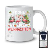 Frohe Weihnachten; Merry Christmas Tree Snowing Three Santa Reindeer Flamingos; Germany Family T-Shirt