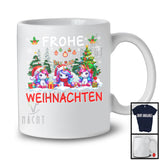 Frohe Weihnachten; Merry Christmas Tree Snowing Three Santa Reindeer Unicorns; Germany Family T-Shirt