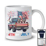 Happy 4th Of July, Adorable Two Pit Bull On Pickup Truck, American Flag Fireworks Patriotic T-Shirt