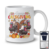 Happy Catsgiving; Amazing Thanksgiving Three Kittens Riding Turkey; Fall Pumpkin Leaves T-Shirt