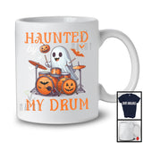 Haunted By My Drum Set; Humorous Halloween Ghost Boo Drummer; Musical Instruments T-Shirt