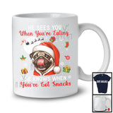 He Sees You When You're Eating; Humorous Christmas Santa Pug; X-mas Moon Snow T-Shirt