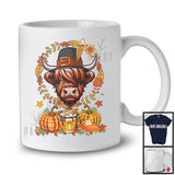 Highland Cow Fall Leaves Circle Plaid Pumpkins; Happy Thanksgiving Coffee; Family Group T-Shirt