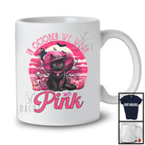 In October We Wear Pink; Adorable Breast Cancer Halloween Pink Witch Cat; Animal Lover T-Shirt