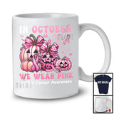 In October We Wear Pink; Lovely Breast Cancer Awareness Halloween; Leopard Plaid Pumpkins T-Shirt