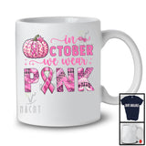 In October We Wear Pink; Lovely Breast Cancer Awareness Pink Ribbon; Leopard Plaid Pumpkin T-Shirt