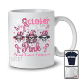 In October We Wear Pink; Lovely Breast Cancer Awareness Pink Three Witch Skulls; Family T-Shirt