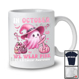 In October We Wear Pink; Lovely Breast Cancer Halloween Ribbon Boo; Leopard Pumpkins T-Shirt