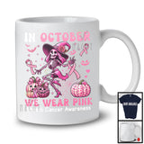 In October We Wear Pink; Lovely Breast Cancer Halloween Ribbon Dancing Skeleton; Pumpkin T-Shirt