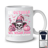 In October We Wear Pink; Lovely Breast Cancer Halloween Witch Skull; Pink Ribbon Pumpkins T-Shirt