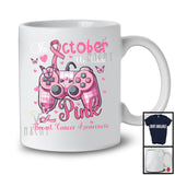 In October We Wear Pink; Proud Breast Cancer Awareness Game Controller Butterflies Leopard Plaid T-Shirt