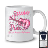 In October We Wear Pink; Proud Breast Cancer Awareness Guitar Butterflies Leopard Plaid T-Shirt