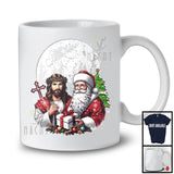 Jesus And Santa As Friends; Awesome Christmas Moon Tree Plaid Cross; X-mas Family Group T-Shirt