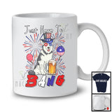 Just Here To Bang, Adorable 4th Of July American Flag Husky Drinking Beer, Drunker Patriotic T-Shirt