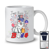 Just Here To Bang, Adorable 4th Of July American Flag Samoyed Drinking Beer, Drunker Patriotic T-Shirt