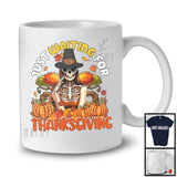 Just Waiting For Thanksgiving; Humorous Pilgrim Skeleton Lover; Fall Leaves Plaid Pumpkins T-Shirt