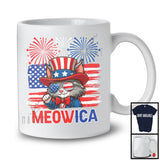 Meowica, Humorous 4th Of July Cat Wearing Sunglasses, Fireworks American Flag Patriotic T-Shirt