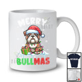 Merry Bullmas; Adorable Christmas Santa English Bulldog; X-mas Lights Snowing Family Group T-Shirt