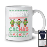 Merry Cacmas; Amazing Christmas Sweater Three Santa Elf Reindeer Cactus; Vegan T-Shirt