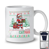 Merry Catmas; Humorous Christmas Sweater Cat Santa With X-mas Tree; Family Group T-Shirt