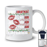 Merry Christmas Kiss Ass Happy Hanukkah; Sarcastic X-mas Lights Menorah; Adult Naughty T-Shirt