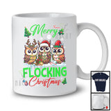 Merry Flocking Christmas; Amazing X-mas Three Santa ELF Reindeer Owl; Bird Lover Family T-Shirt