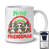 Merry Friendmas, Amazing Christmas Three Cow Santa ELF Reindeer, Rainbow Snowing T-Shirt