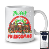 Merry Friendmas, Amazing Christmas Three Dachshund Santa ELF Reindeer, Rainbow Snowing T-Shirt