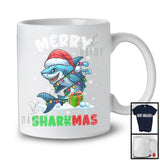 Merry Sharkmas; Adorable Christmas Santa Shark Animal; X-mas Lights Snowing Family Group T-Shirt