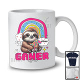 Personalized Custom Gamer Girl; Joyful Sloth Playing Video Games; Gamer Rainbow T-Shirt