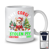 Personalized Custom Name Corgi Stolen My Christmas Pajama Shirt; Cool X-mas Tree Snow T-Shirt