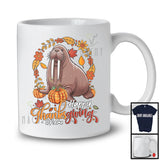 Personalized Custom Name Happy Thanksgiving; Lovely Walrus Pumpkin Fall Leaves; Sea Animal T-Shirt