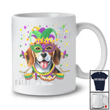 Personalized Custom Name Mardi Gras Mask Beagle Face; Joyful Parades Jester Hat Beads T-Shirt