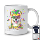 Personalized Custom Name Mardi Gras Mask Corgi Face; Joyful Parades Jester Hat Beads T-Shirt