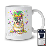 Personalized Custom Name Mardi Gras Mask Shiba Inu Face; Joyful Parades Jester Hat Beads T-Shirt